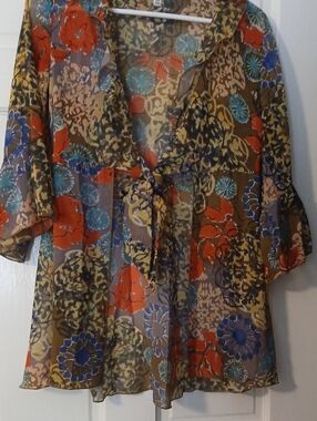 CAbi Sheer Floral Tie-Front Blouse - Multi Color